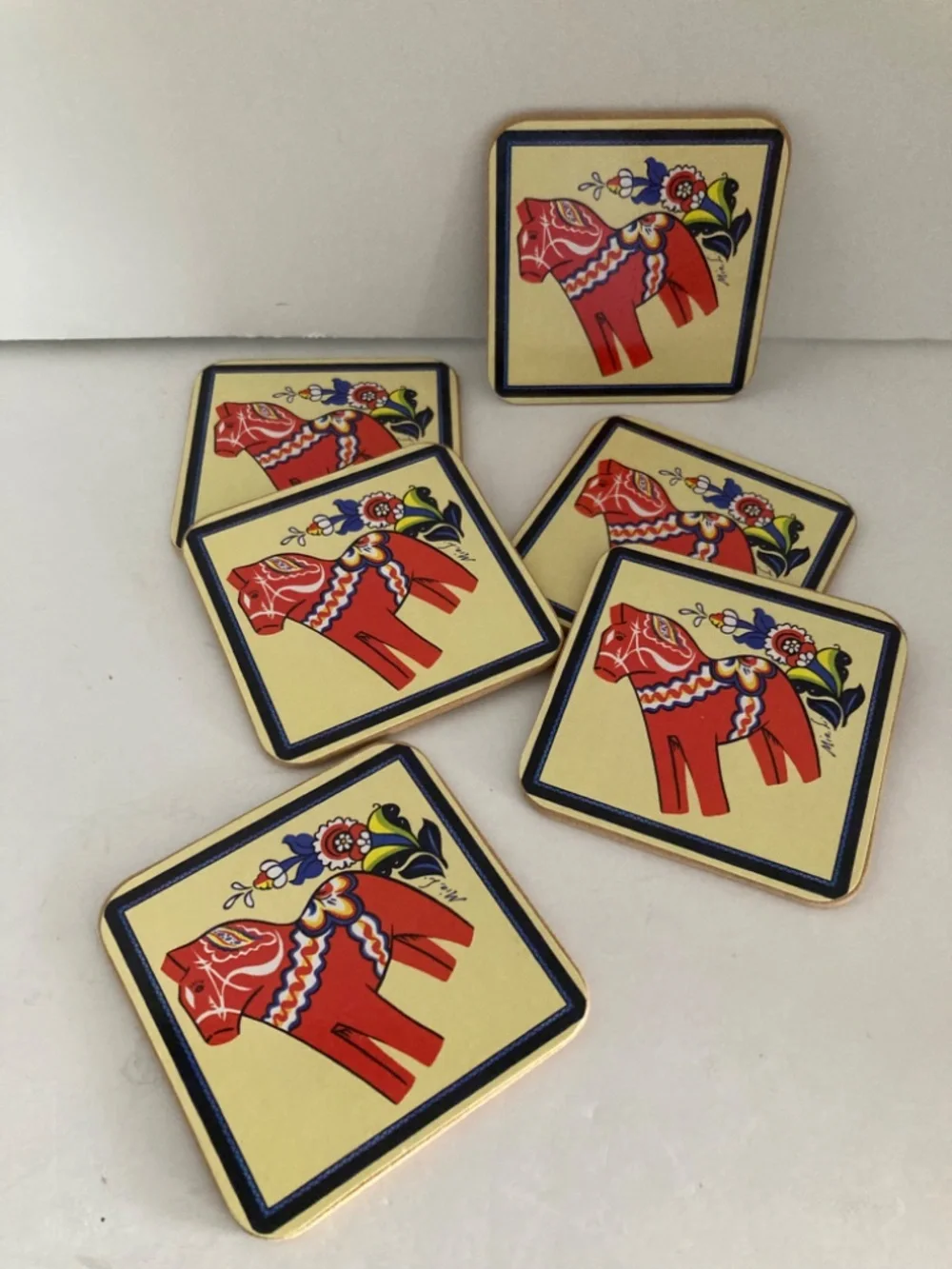 Scandinavian Dala Horse Coasters Set of 6 Cork Back Signed Mia L Swedish EUC